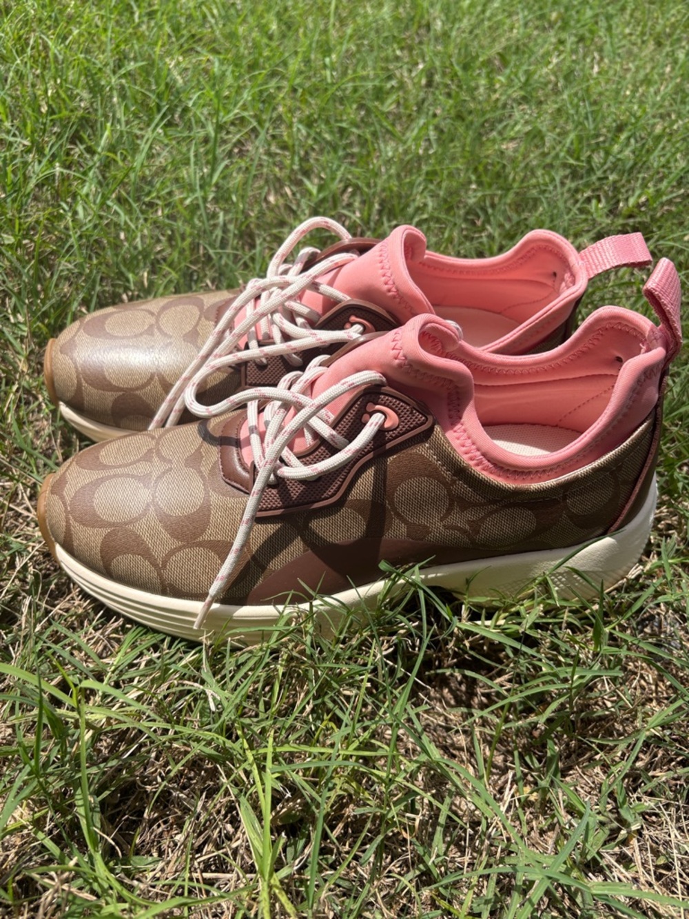 Coach Brown Signature Slip-On Sneakers with Pink Trim